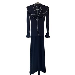 1970s Crissa Linea Italiana Women's Blue Maxi Dress &‎ Cardigan w Silver Lame